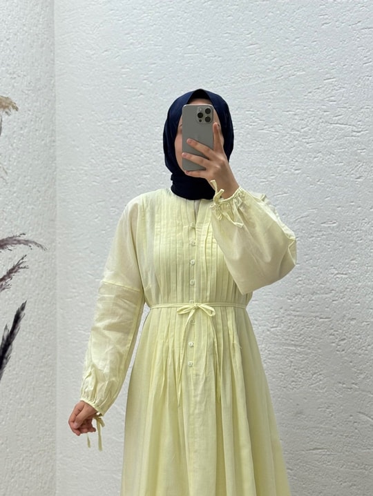 Orelita Önü Düğmeli ve Pileli Elbiseli Takım-BN4449 Sarı