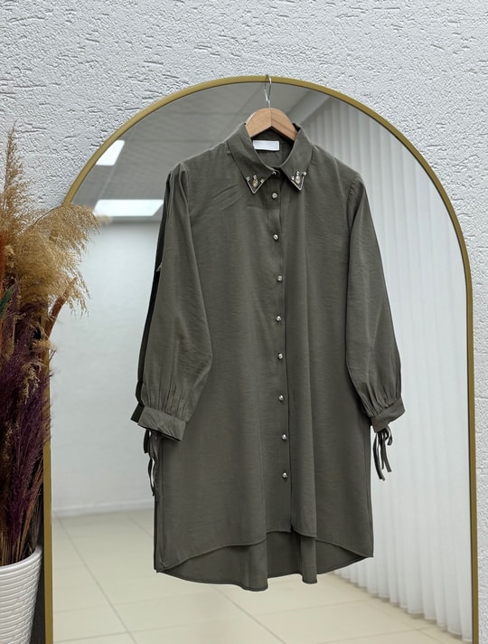Özden Yakası Taşlı Uzun Tunik-ZN2090 Haki