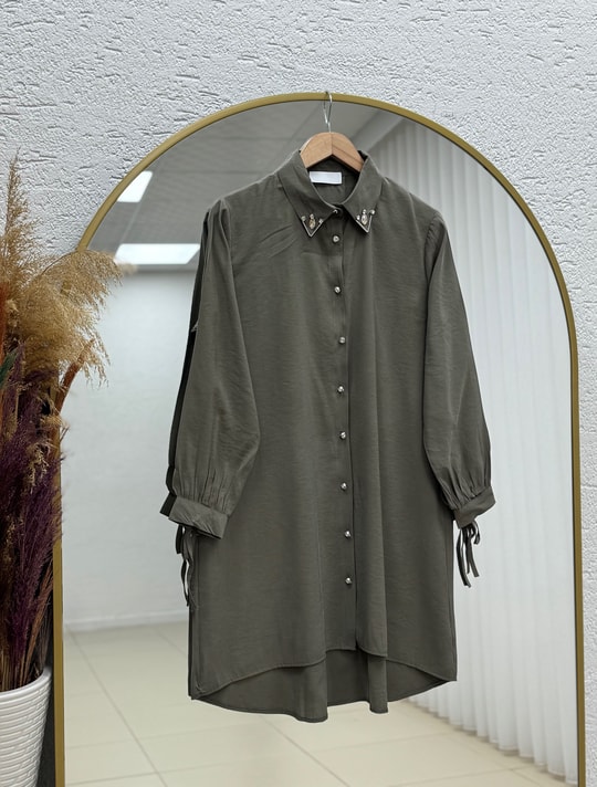 Özden Yakası Taşlı Uzun Tunik-ZN2090 Haki