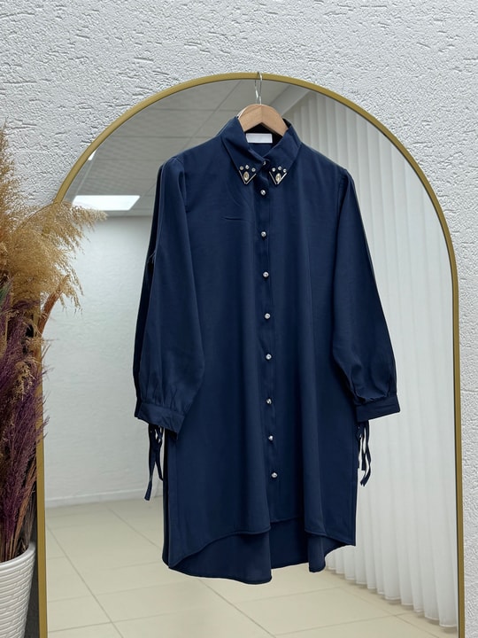 Özden Yakası Taşlı Uzun Tunik-ZN2090 Lacivert