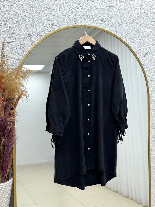 Özden Yakası Taşlı Uzun Tunik-ZN2090 Siyah