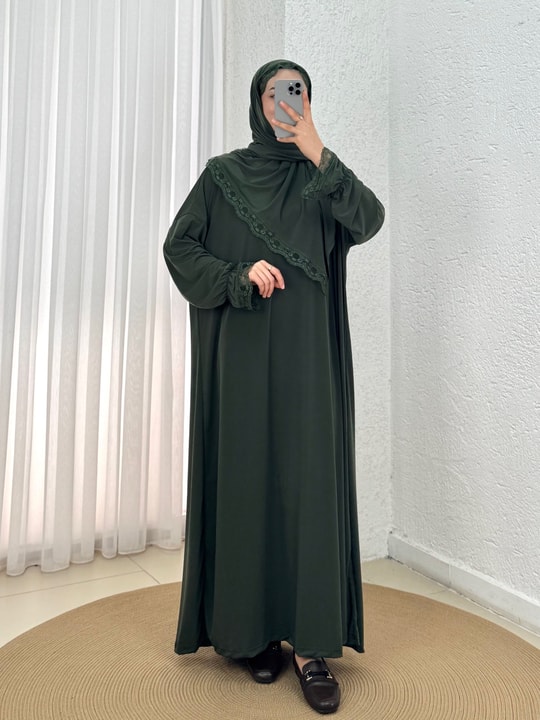 Özel Dantelli Namaz Elbisesi-MT1648 Haki