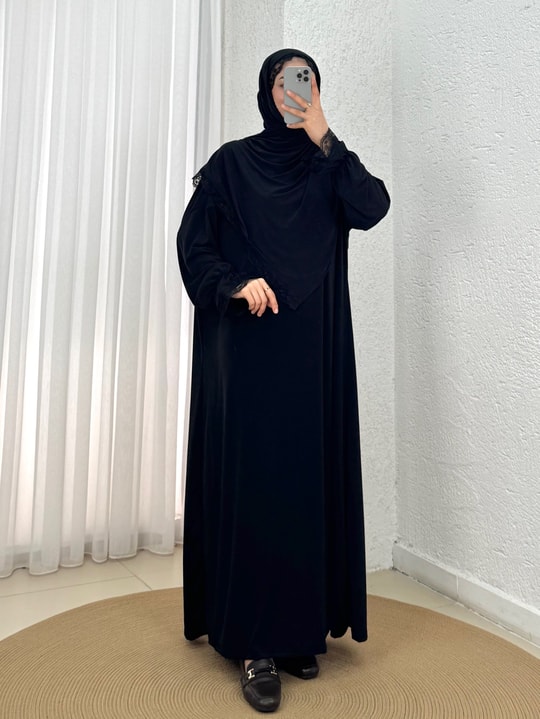 Özel Dantelli Namaz Elbisesi-MT1648 Siyah