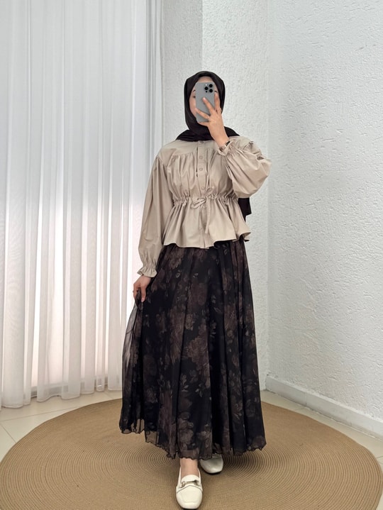 Özgür Çiçek Desenli Astarlı Şifon Etek-PA0207 Kahve