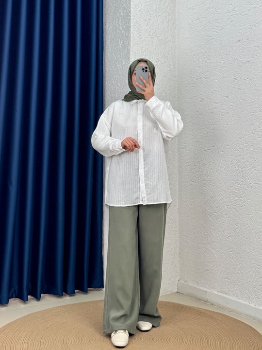 Özün Pullu Oversize Gömlek-NA874 Beyaz