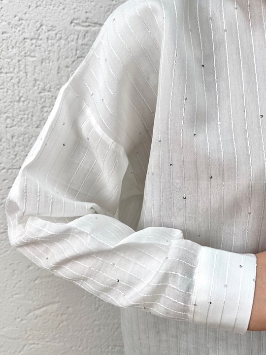 Özün Pullu Oversize Gömlek-NA874 Beyaz