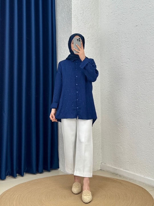 Özün Pullu Oversize Gömlek-NA874 Lacivert