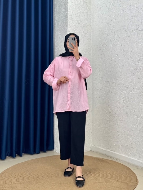 Özün Pullu Oversize Gömlek-NA874 Pembe