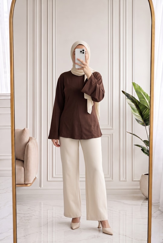 Parya Önü Dikiş Detaylı Asimetrik Tunik-SS13212 Kahve
