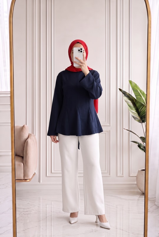 Parya Önü Dikiş Detaylı Asimetrik Tunik-SS13212 Lacivert