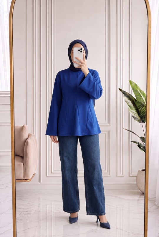 Parya Önü Dikiş Detaylı Asimetrik Tunik-SS13212 Saks