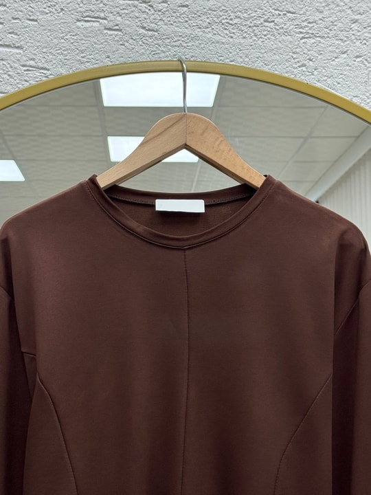Parya Önü Dikiş Detaylı Asimetrik Tunik-SS13212 Kahve