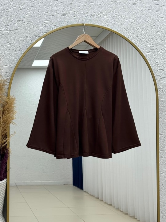 Parya Önü Dikiş Detaylı Asimetrik Tunik-SS13212 Kahve