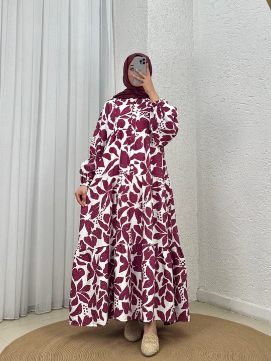 Perçem Çiçek Desenli Elbise-MF1755.6 Bordo