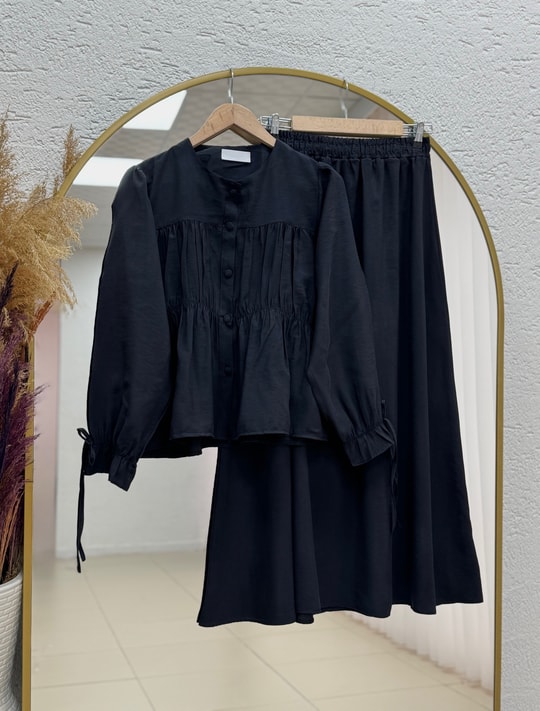 Purona Göğüs ve Bel Büzgülü Modal Etekli Takım-MF598 Siyah