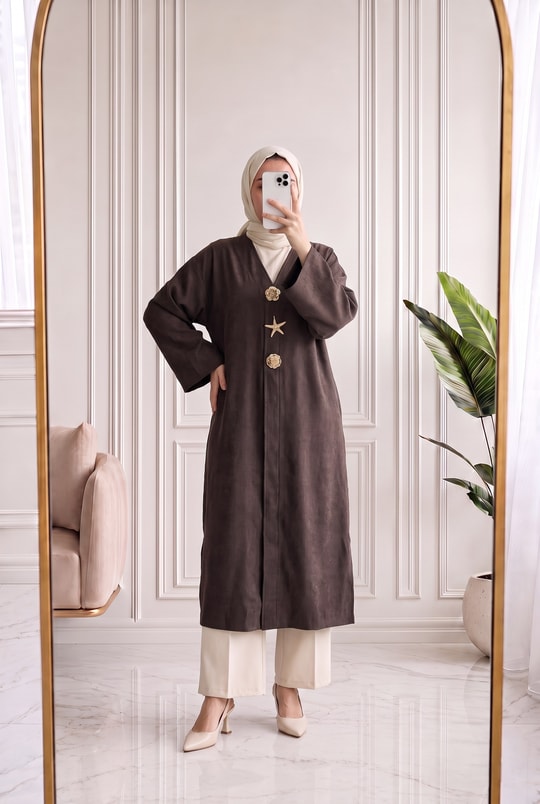 Refia Fitiili Bronşlu Uzun Kimono-GS580 Kahve
