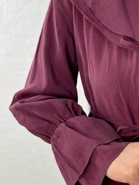 Rezzan Fırfırlı Bağcıklı Yakalı Pantolonlu Takım-ML2134 Bordo