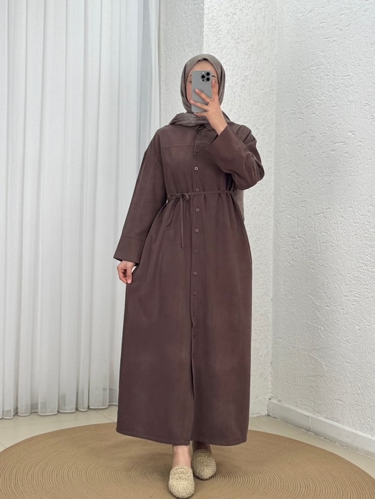 Saadet Önü Robalı Düğmeli Elbise-GS8358 Kahve