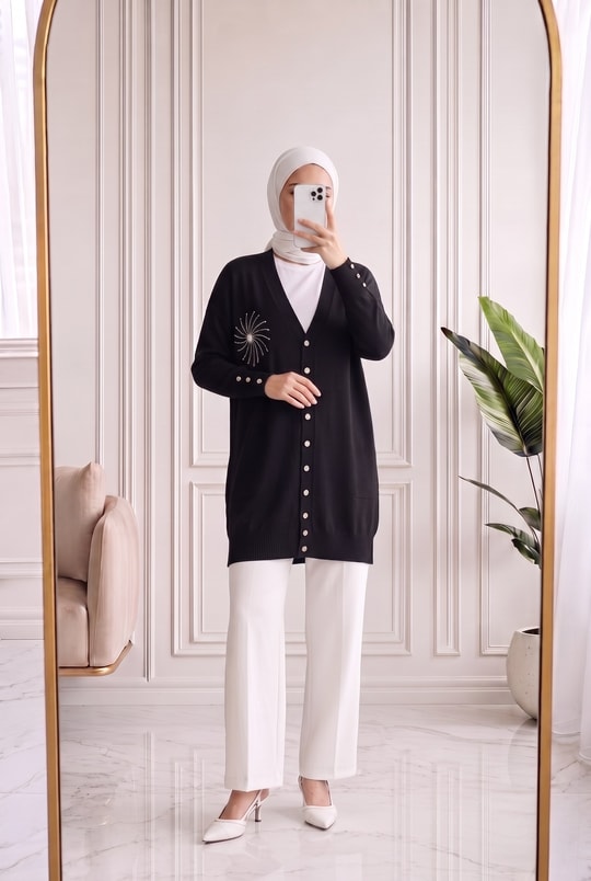 Sabifeza Güneş Taşlı Soğuk İp Hırka-SY3362 Siyah