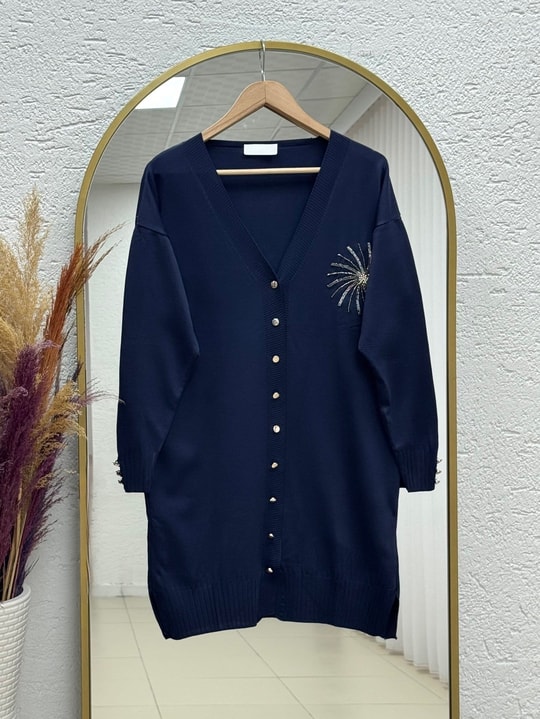 Sabifeza Güneş Taşlı Soğuk İp Hırka-SY3362 Lacivert