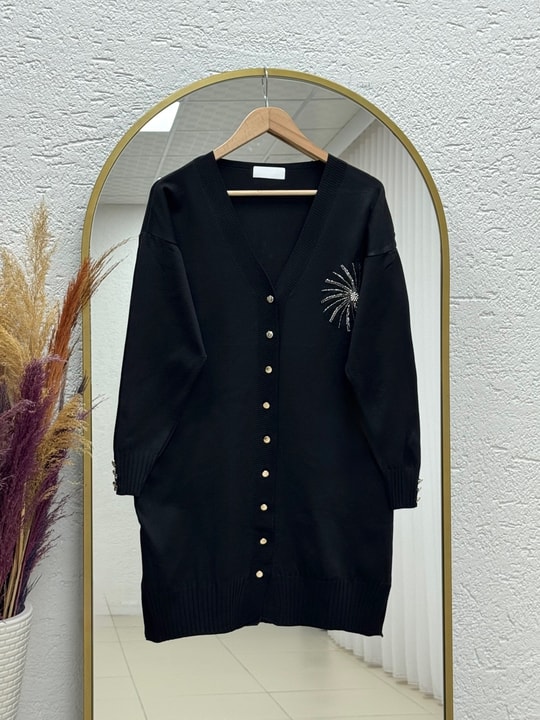 Sabifeza Güneş Taşlı Soğuk İp Hırka-SY3362 Siyah