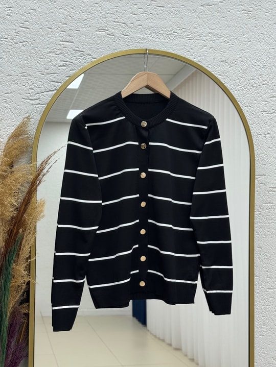 Sabipare Çizgili Gold Düğmeli Mini Hırka-SY3341 Siyah