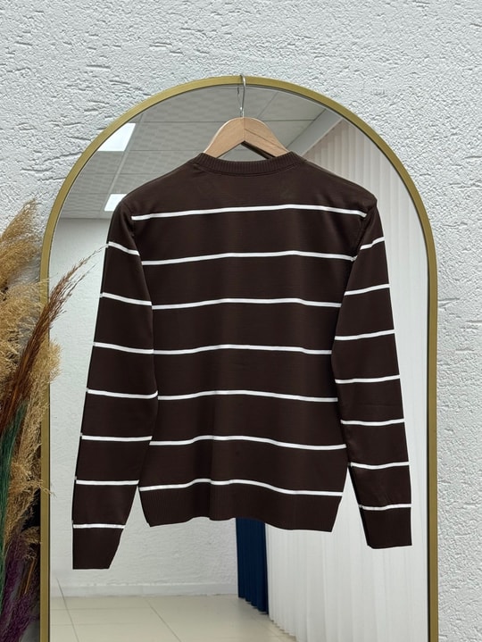 Sabipare Çizgili Gold Düğmeli Mini Hırka-SY3341 Kahve