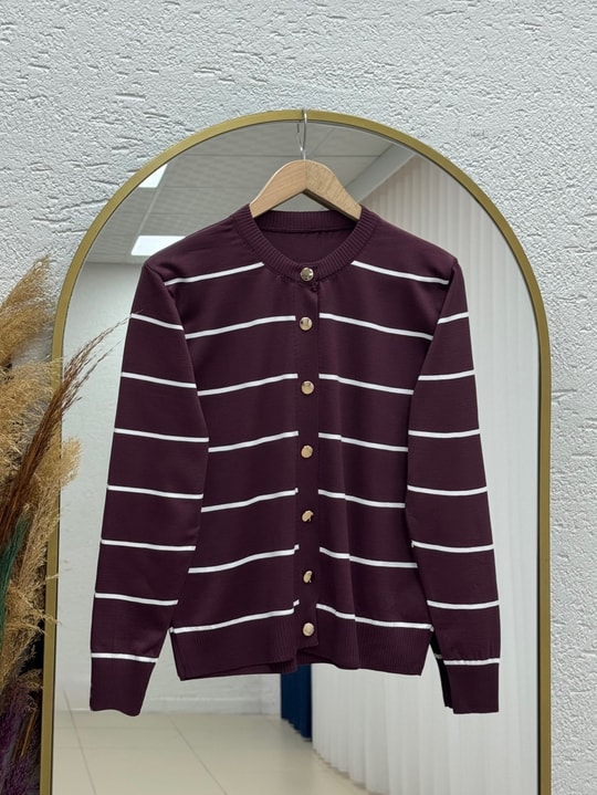 Sabipare Çizgili Gold Düğmeli Mini Hırka-SY3341 Mürdüm