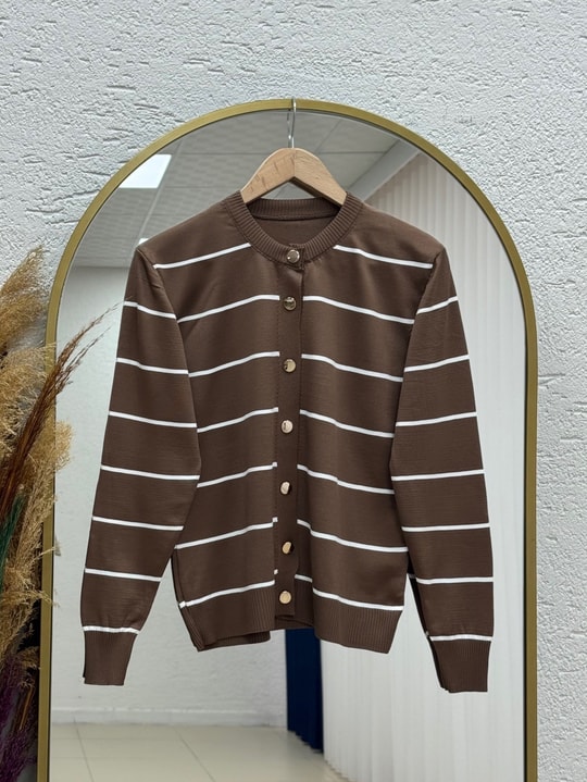Sabipare Çizgili Gold Düğmeli Mini Hırka-SY3341 Sütlü Kahve