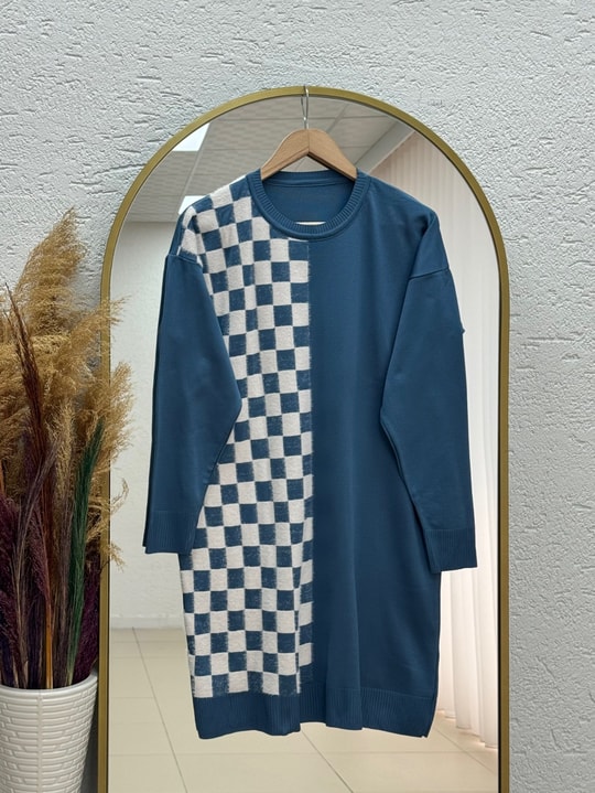Sabiser Yarısı Kareli Soğuk İp Tunik-SY3376 İndigo