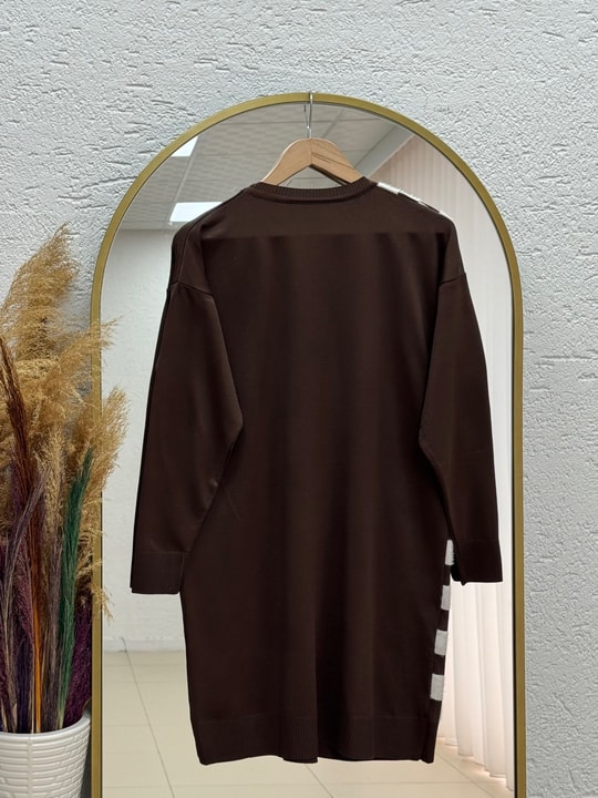 Sabiser Yarısı Kareli Soğuk İp Tunik-SY3376 Kahve