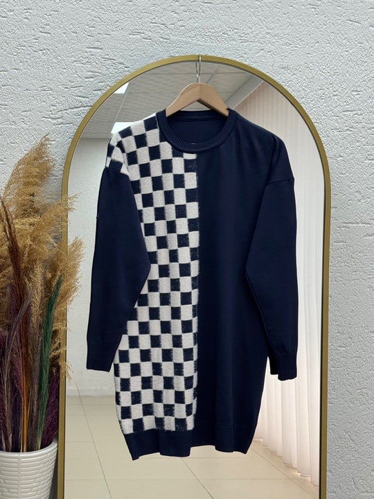 Sabiser Yarısı Kareli Soğuk İp Tunik-SY3376 Lacivert