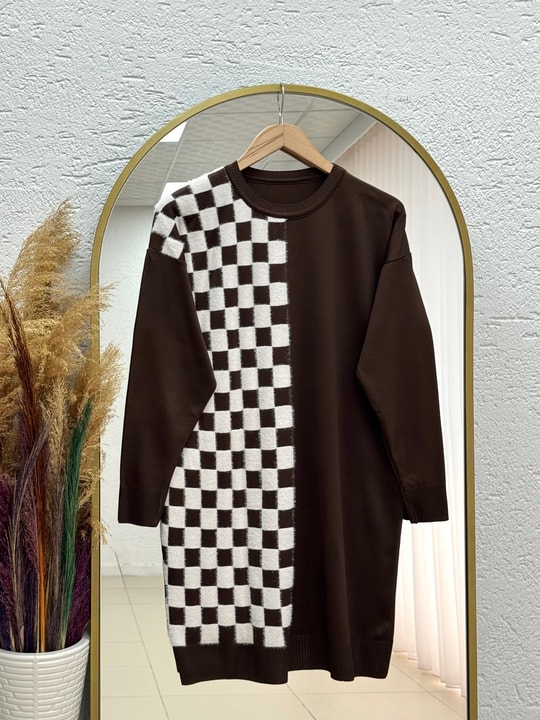 Sabiser Yarısı Kareli Soğuk İp Tunik-SY3376 Kahve