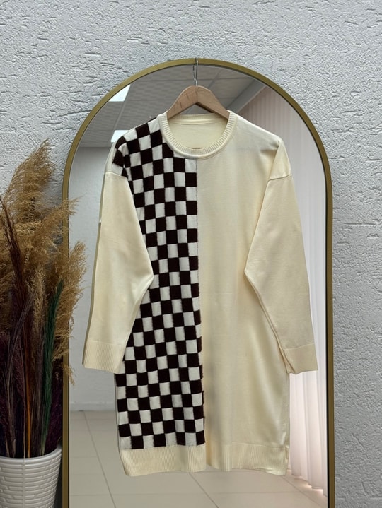 Sabiser Yarısı Kareli Soğuk İp Tunik-SY3376 Krem