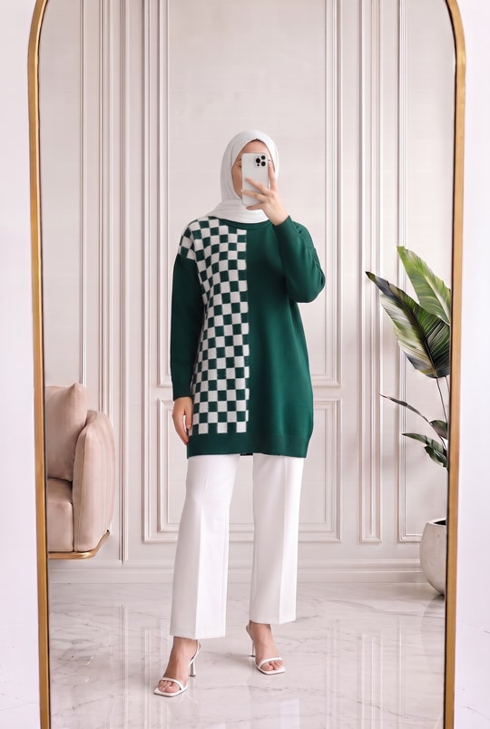 Sabiser Yarısı Kareli Soğuk İp Tunik-SY3376 Yeşil