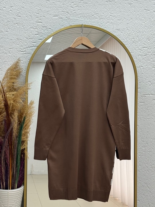 Sabiser Yarısı Kareli Soğuk İp Tunik-SY3376 Sütlü Kahve