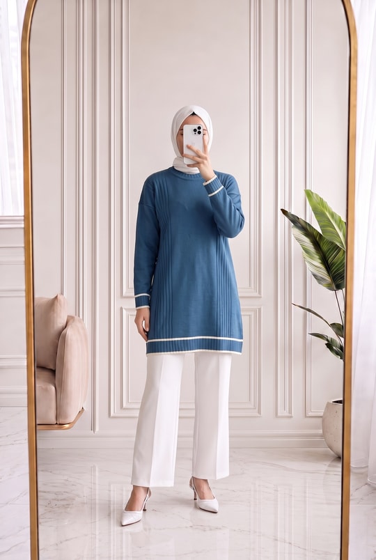 Sabiyar Bisiklet Yaka Kolu ve Altı Çizgili Tunik-SY3374 İndigo