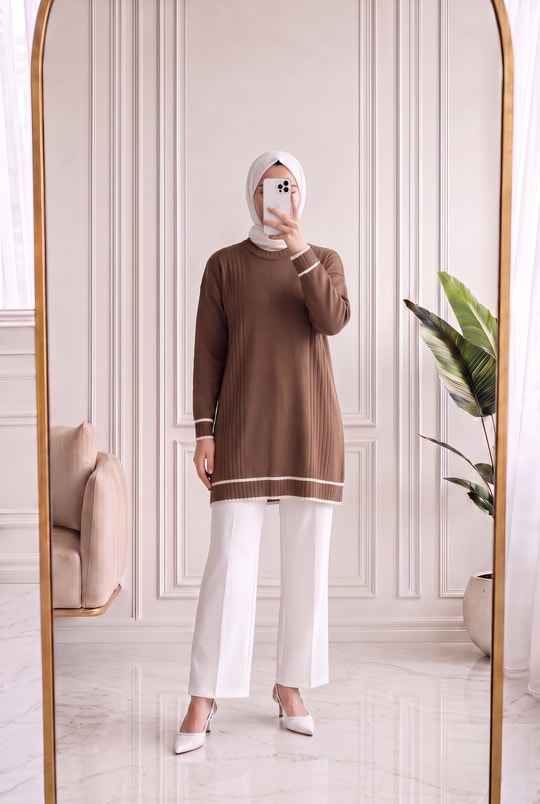 Sabiyar Bisiklet Yaka Kolu ve Altı Çizgili Tunik-SY3374 Sütlü Kahve