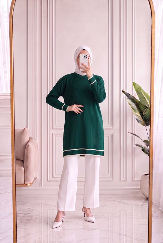 Sabiyar Bisiklet Yaka Kolu ve Altı Çizgili Tunik-SY3374 Zümrüt Yeşili