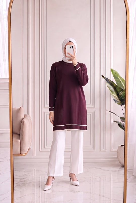 Sabiyar Bisiklet Yaka Kolu ve Altı Çizgili Tunik-SY3374 Mürdüm