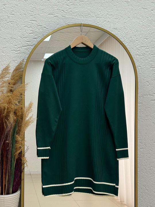 Sabiyar Bisiklet Yaka Kolu ve Altı Çizgili Tunik-SY3374 Zümrüt Yeşili