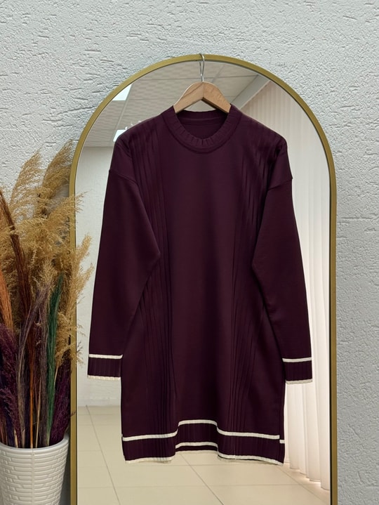 Sabiyar Bisiklet Yaka Kolu ve Altı Çizgili Tunik-SY3374 Mürdüm