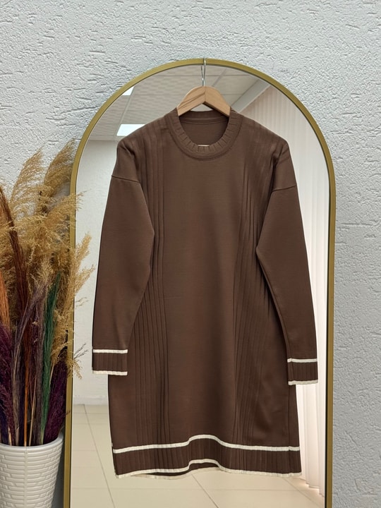 Sabiyar Bisiklet Yaka Kolu ve Altı Çizgili Tunik-SY3374 Sütlü Kahve