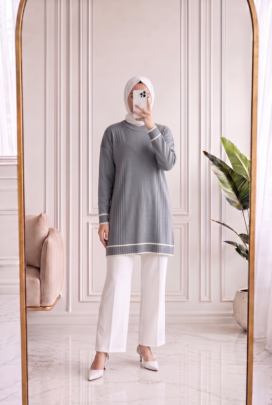 Sabiyar Bisiklet Yaka Kolu ve Altı Çizgili Tunik-SY3374 Gri