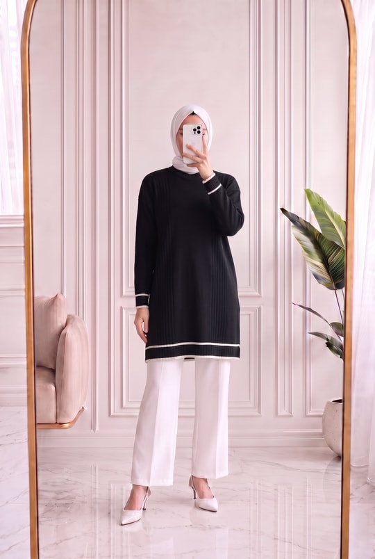 Sabiyar Bisiklet Yaka Kolu ve Altı Çizgili Tunik-SY3374 Siyah