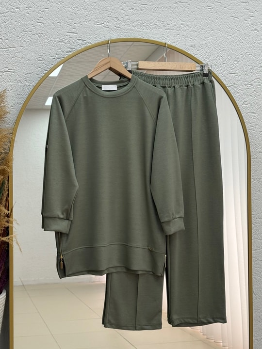 Sabizer Yanı Fermuarlı Pantolonlu Takım-NA3482 Haki