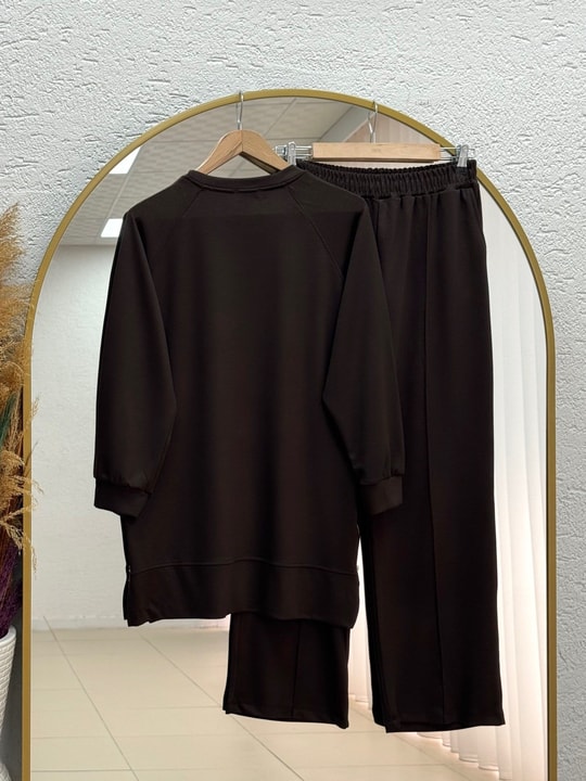 Sabizer Yanı Fermuarlı Pantolonlu Takım-NA3482 Kahve