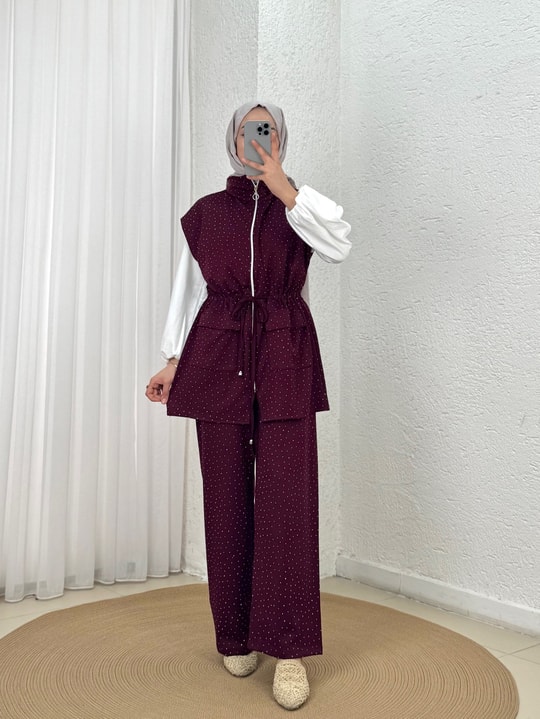 Safir Çift Cepli Sıkmalı Taşlı Yelekli Takım-MF681 Mürdüm