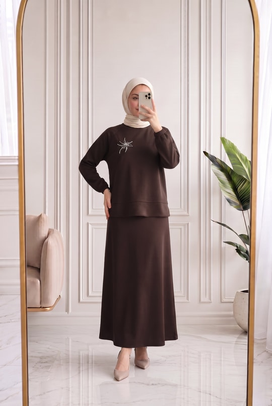 Şahcan Taşlı Etekli Takım-NA3481 Kahve