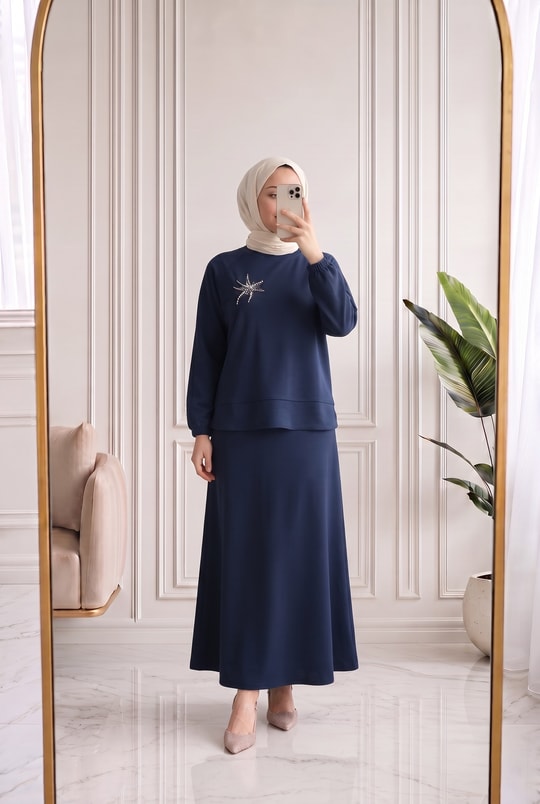 Şahcan Taşlı Etekli Takım-NA3481 Lacivert